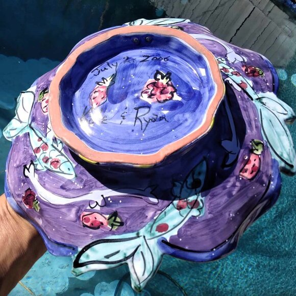 Whimsical Hand Painted Swimming Fish Ceramic Pedestal Dish by Kate & Ryan - Picture 5 of 8